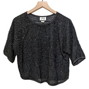 Vintage PBJ Womens Metallic Eyelash Sweater Size M Black Short Sleeve Y2K Crop